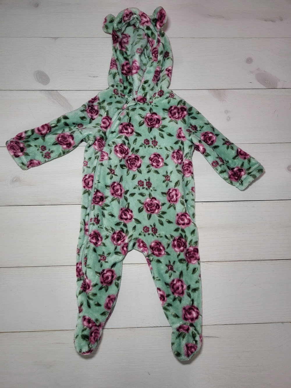 Duck Duck Goose Infant Girl's Plush Footie Floral Hooded Baby Outfit Shabby Chic